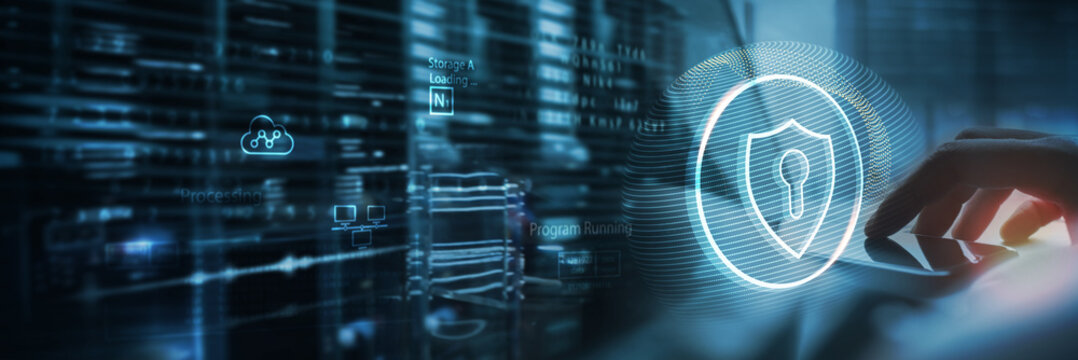 Cyber security system and data protection concept. Man using fingerprint scanning to access personal data with data center as background, biometric identity, data encryption for network security