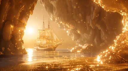 Rolgordijnen A golden ship sails through a sparkling cave with sparkly gold light and fog. © wing