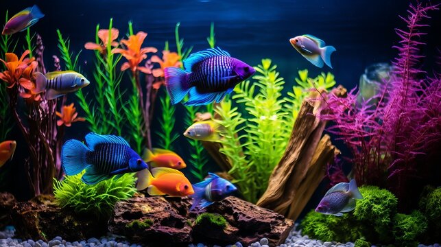Aquarium with plants and tropical colorful fishes