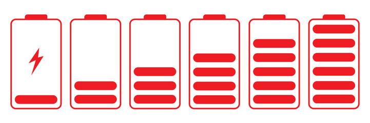 Set of vertical battery level indicators in percentage vector. Battery indicator symbols. 0-100 percent.eps10