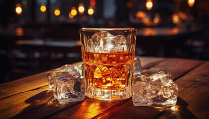 Glass of whiskey on an old wooden table. Alcohol drink, splash, ice cube..