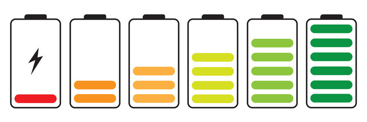 set of vertical flat battery level indicator in percentage. linear Battery indicator symbols. colorful Battery level from 0 to 100 percent isolated on white background. eps10