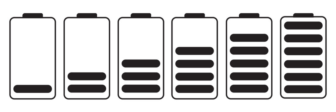 Set of vertical battery level indicators in percentage vector. Battery indicator symbols. 0-100 percent. Vector illustration, eps10