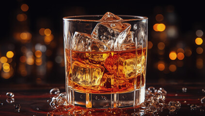Glass of whiskey on an old wooden table. Alcohol drink, splash, ice cube..