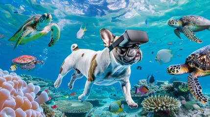 Obraz na płótnie Canvas A French bulldog is whimsically superimposed in an underwater scene, donning VR glasses amidst turtles and fish, illustrating a playful intersection of virtual reality and the animal world.