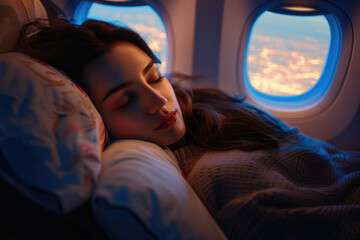 Young woman passenger sleeping on a flight in the business class cabin