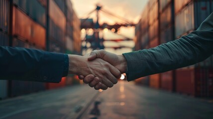 Businessmen shaking hands, managing business with logistics.