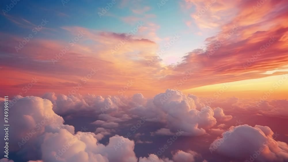 Poster a beautiful sunset scene with the sun setting over the clouds. ideal for travel and nature concepts.