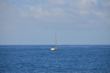 Fototapeta premium Sailing catamaran with open sails. Sailing catamaran in the middle of the sea in a tropical landscape