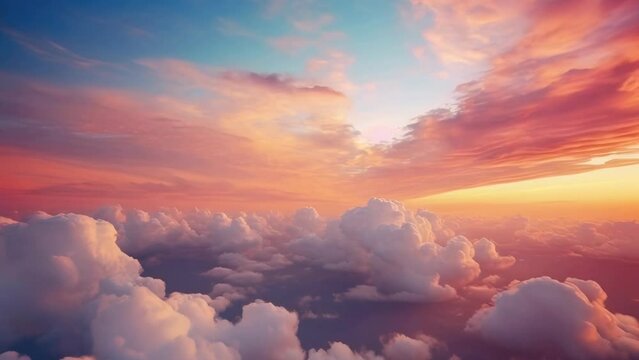 A beautiful sunset scene with the sun setting over the clouds. Ideal for travel and nature concepts.
