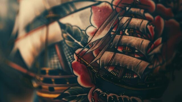 Detailed image of a ship tattoo, ideal for tattoo artists or nautical themes.