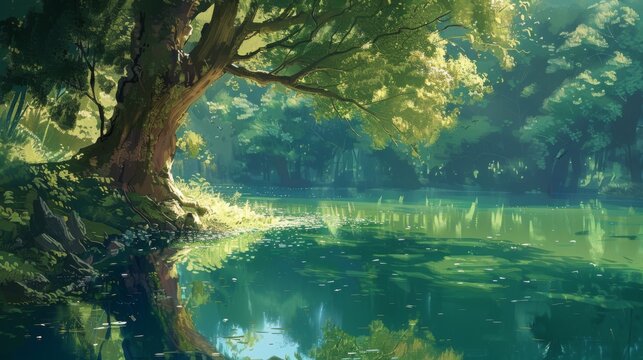A serene illustration capturing the essence of Arbor Day, featuring a majestic tree beside a tranquil lake, reflecting the lush greenery and peaceful atmosphere. © Oksana Smyshliaeva