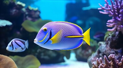 Naklejka na ściany i meble Exotic tropical fish purple Yellowfin surgeonfish Acanthurus xanthopterus closeup