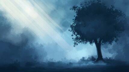 A mystical illustration showcasing a robust tree bathed in the ethereal rays of moonlight, exuding a sense of calm and mystery.