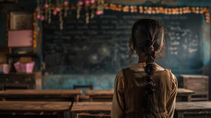 Rear view of Indian schoolchild looking at blackboard in classroom - obrazy, fototapety, plakaty