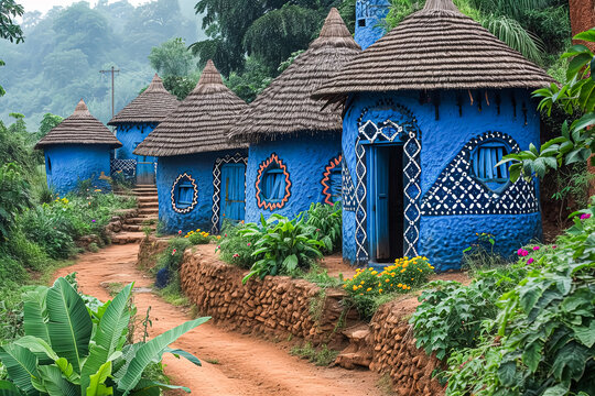 Artistic depiction of an African village with traditional mud houses