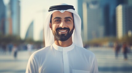 Fototapeta na wymiar Arab businessman in Dubai stands confidently and with a smile, city background with tall buildings
