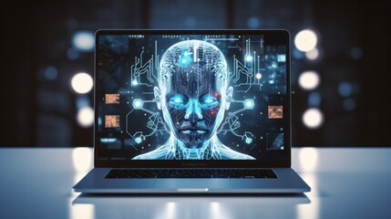 Automated laptop with artificial intelligence system performs digital analysis of future business. AI head from computer screen. technology concept