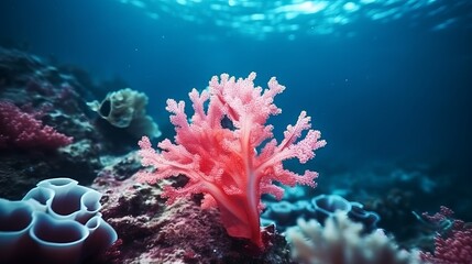 Obraz premium Flower sea living coral and reef color under deep dark water of sea ocean environment