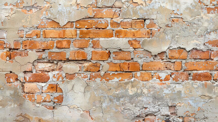 Old brick wall texture with shabby stucco and plaster. Brick wall background, stone wall surface. Plastered wall with uneven stucco with cracks and damages. 