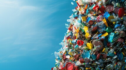 Fototapeta na wymiar An arresting mountain of plastic waste under a clear blue sky, symbolizing the overwhelming scale of pollution contrasting with natural beauty.