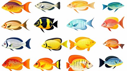 Great tropical fish collection on white background