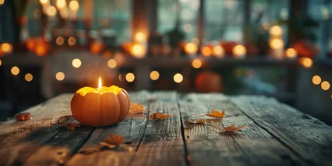Foto op Canvas Rustic autumn scene with pumpkin candle on wooden table in front of window filled with fall leaves © SHOTPRIME STUDIO