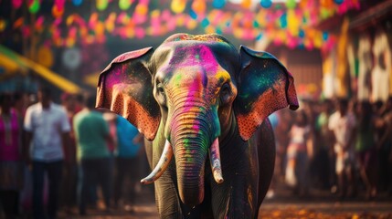 Fototapeta na wymiar Decorated elephants at the annual Elephant Festival in India covered in Holi colors. Holi Festival. Travel.
