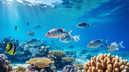 Naklejka premium Group of coral fish blue water