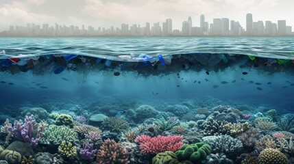 A compelling split-view of a vibrant coral reef underwater and a dense layer of urban waste floating above, juxtaposing the beauty of marine life with the impact of city pollution.