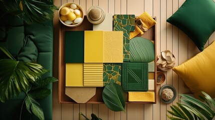 Elegant pasted composition in green and yellow wood colors with textiles and color samples. Top view. Copy space.
