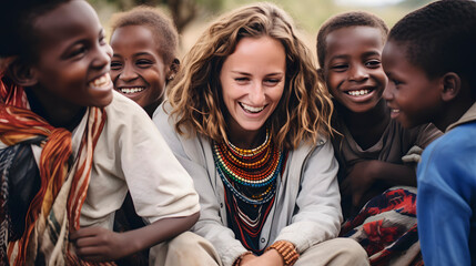 Happy African children with a white woman, looking at the camera - obrazy, fototapety, plakaty