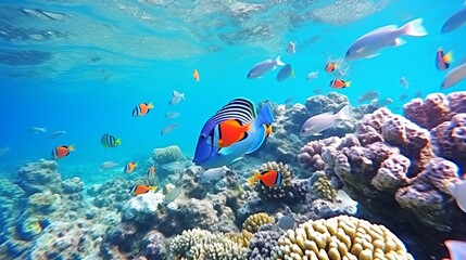 Naklejka na ściany i meble Group of coral fish blue water