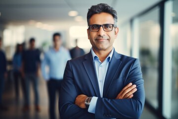 Fototapeta premium indian confident mature businessman leader looking at camera standing in office at team meeting. Male corporate leader ceo
