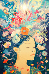 Illustration of a woman armed with blooming flowers, shining light. Concept of achievement, success and positive relationships.