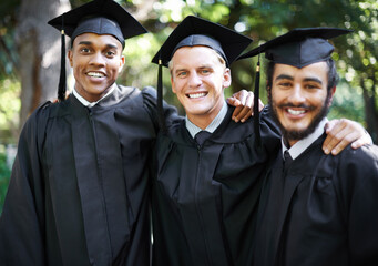 Happy, men and school portrait at graduation with celebration, friends and graduate group outdoor with a smile. Class, support and education event on campus with diversity and college degree