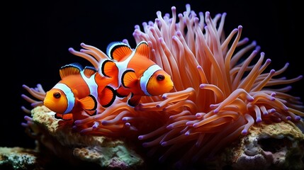 Fototapeta na wymiar Sea anemone and clown fish in marine aquarium. On black background