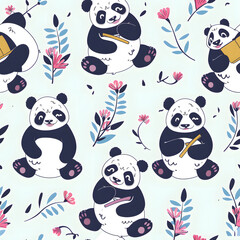 Seamless pattern with cute funny pandas flat style, vector illustration