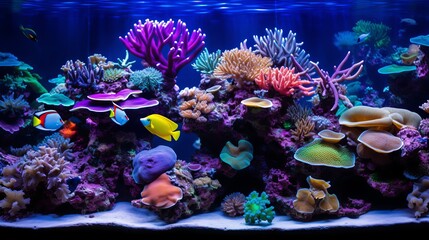 Fototapeta na wymiar Saltwater coral reef aquarium at home is most beautiful live decoration