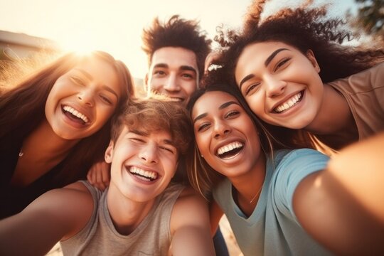 Group of happy friends having fun taking selfies with smart phones