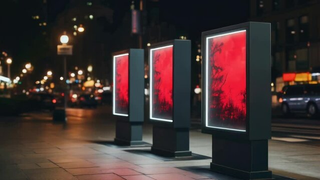 Three light boxes placed on the side of a road, suitable for advertising purposes.