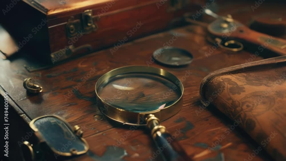 Poster close-up of a wooden table with a magnifying glass. ideal for educational and research concepts.
