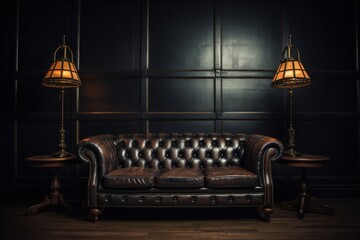 vintage interior with leather sofa, wooden table and ceiling lamp. Black tone