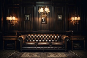 vintage interior with leather sofa, wooden table and ceiling lamp. Black tone - obrazy, fototapety, plakaty