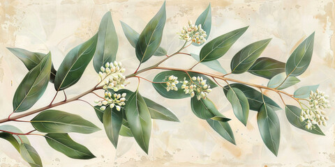 Botanical painting of eucalyptus leaves and flowers on a soft beige background, natureinspired artwork for design and decoration