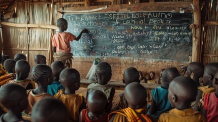 Poor students in African school studying lessons and writing notes on blackboard
