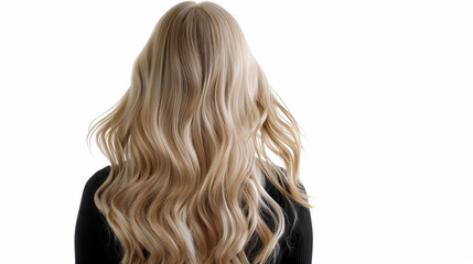 Naklejka premium Blonde girl with long wavy hair on a white background.