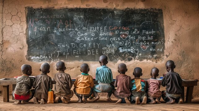 Poor students in African school studying lessons and writing notes on blackboard