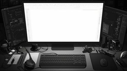 Fototapeta premium Software engineer Desktop computer setup with keyboard, mouse, and screen on a desk Computer monitor with white screen in dark office. 3D rendering.