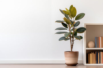 Vase with plant on table in cozy room Interior of modern living room with bookshelf and rubber plant